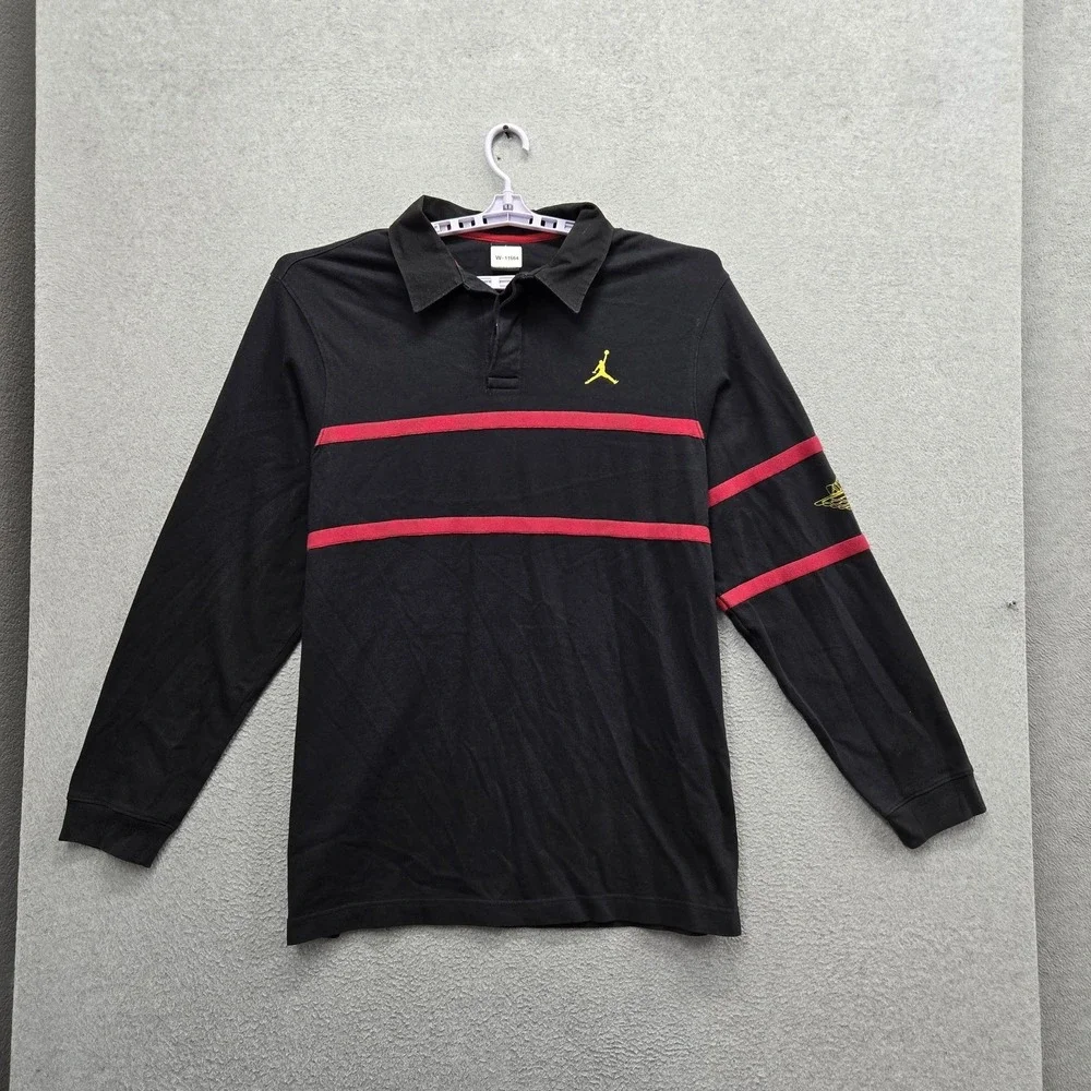 Jordan Men Polo 3XL Black Rugby Embroidered Striped Jumpman Logo Long Sleeve